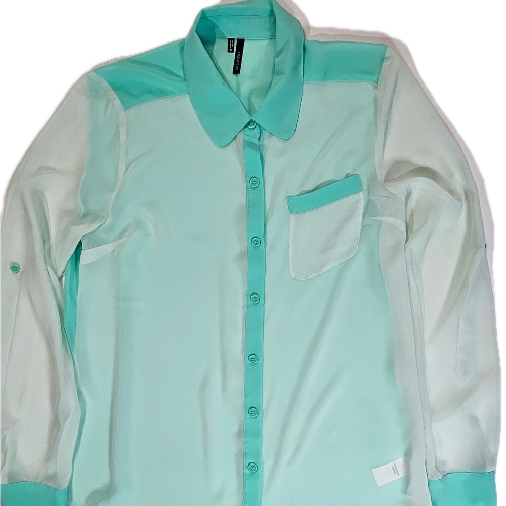 Maurices Shirt Womens Small Mint Green White Sheer Button Front Long Sleeve - Picture 1 of 7